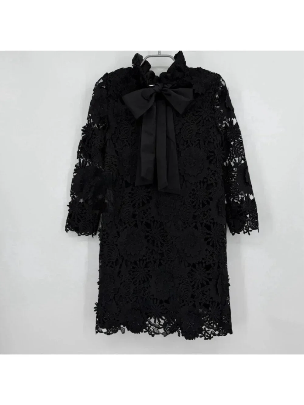 Tuckernuck Black Guipure Lace Daphne Dress XL Ruffle Collar Bow Cocktail Party - Picture 5 of 9